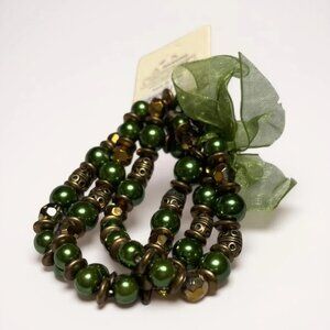 Green glass faux pearl Glass bead Gold tone Bead Three Bracelets